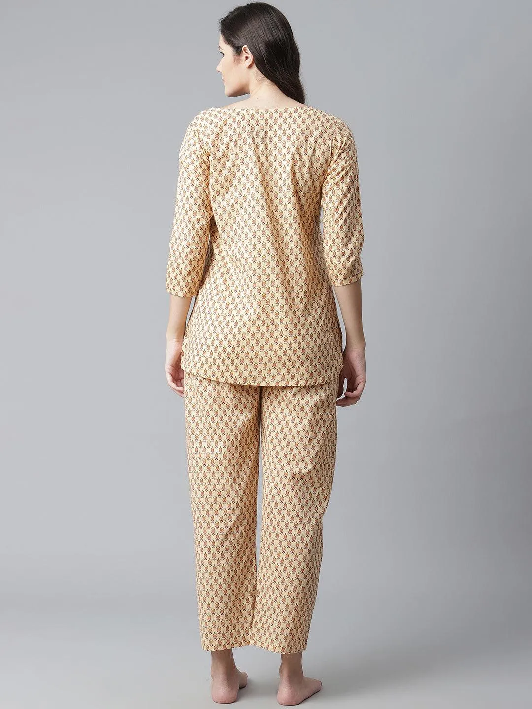 Jashvi  Yellow Buti Print Cotton Nightwear