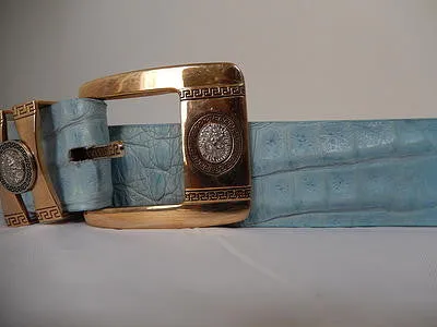 Los Altos Gold and Blue Horn Back Crocodile Belt