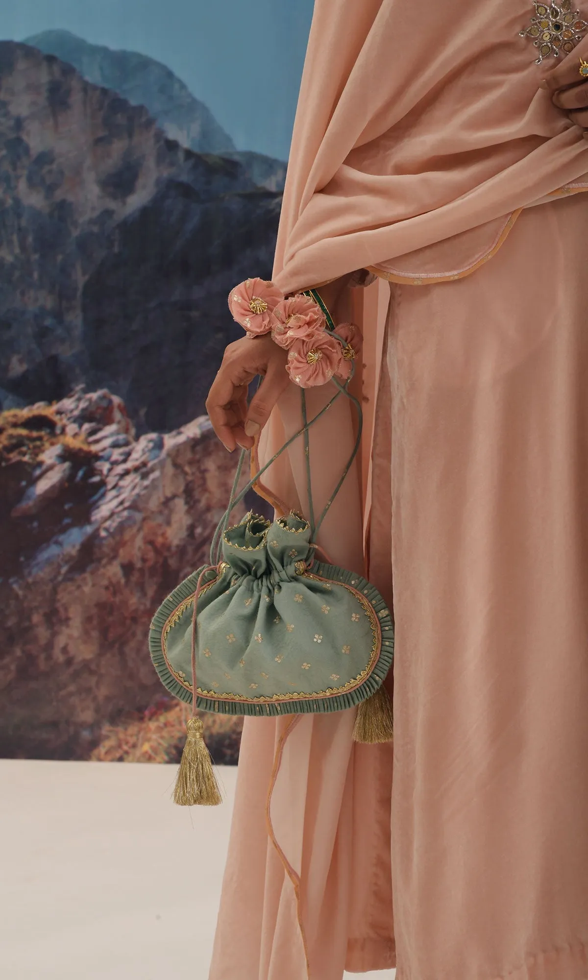 Makhmalee Mint Green brocade potli