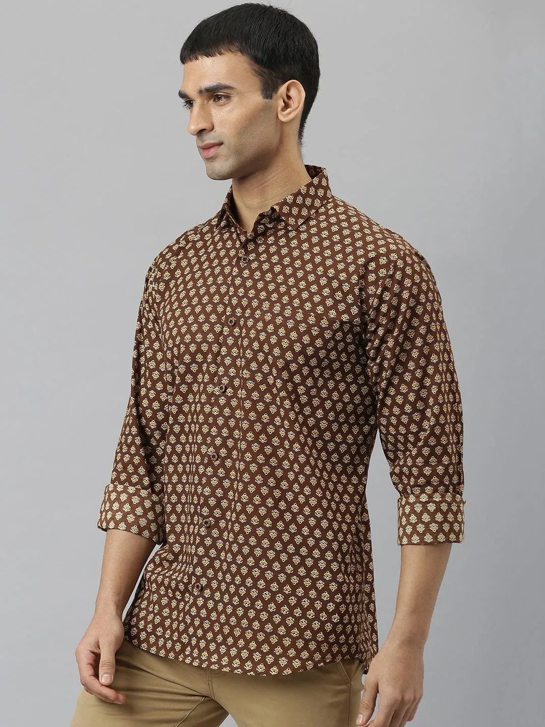 Millennial Men Brown & Mustard Cotton  Full Sleeve  Shirt for Men-MMF0266