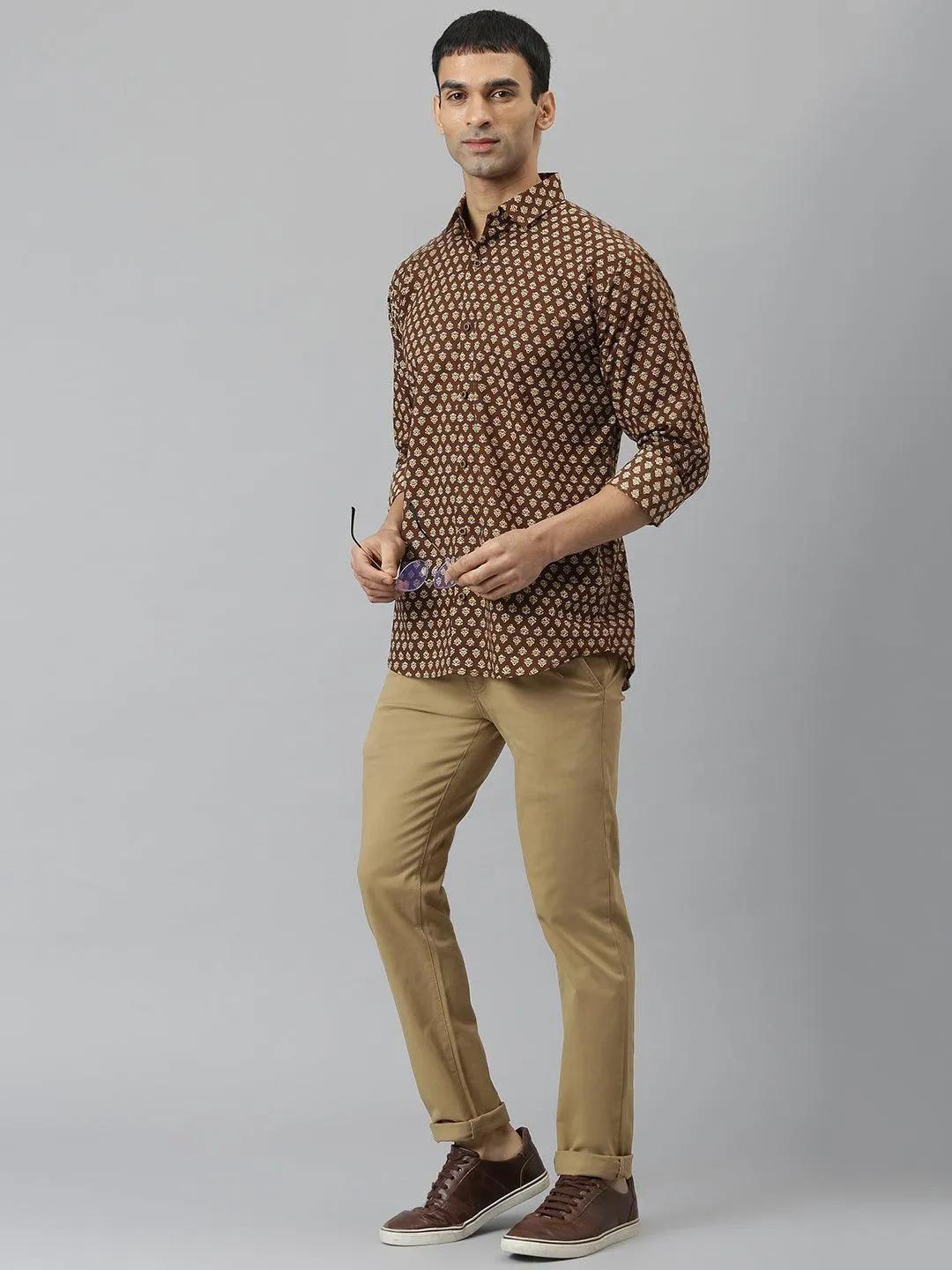 Millennial Men Brown & Mustard Cotton  Full Sleeve  Shirt for Men-MMF0266