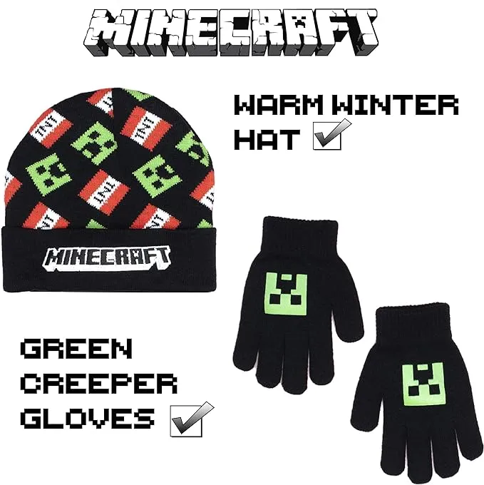 Minecraft - Hat & Gloves Set, Ages 6-12 - Cold Weather Accessories - Knitted Gloves Kids - for Children - Official Merchandise - Ideal Fanatics