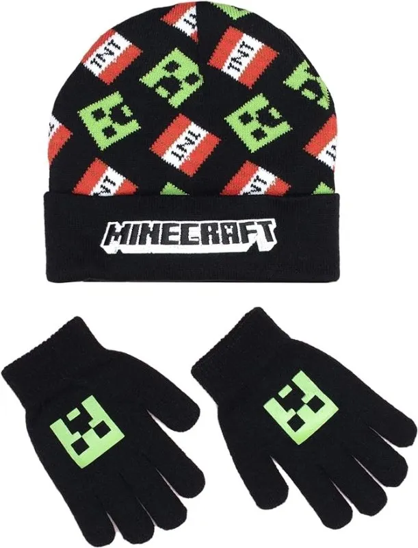 Minecraft - Hat & Gloves Set, Ages 6-12 - Cold Weather Accessories - Knitted Gloves Kids - for Children - Official Merchandise - Ideal Fanatics