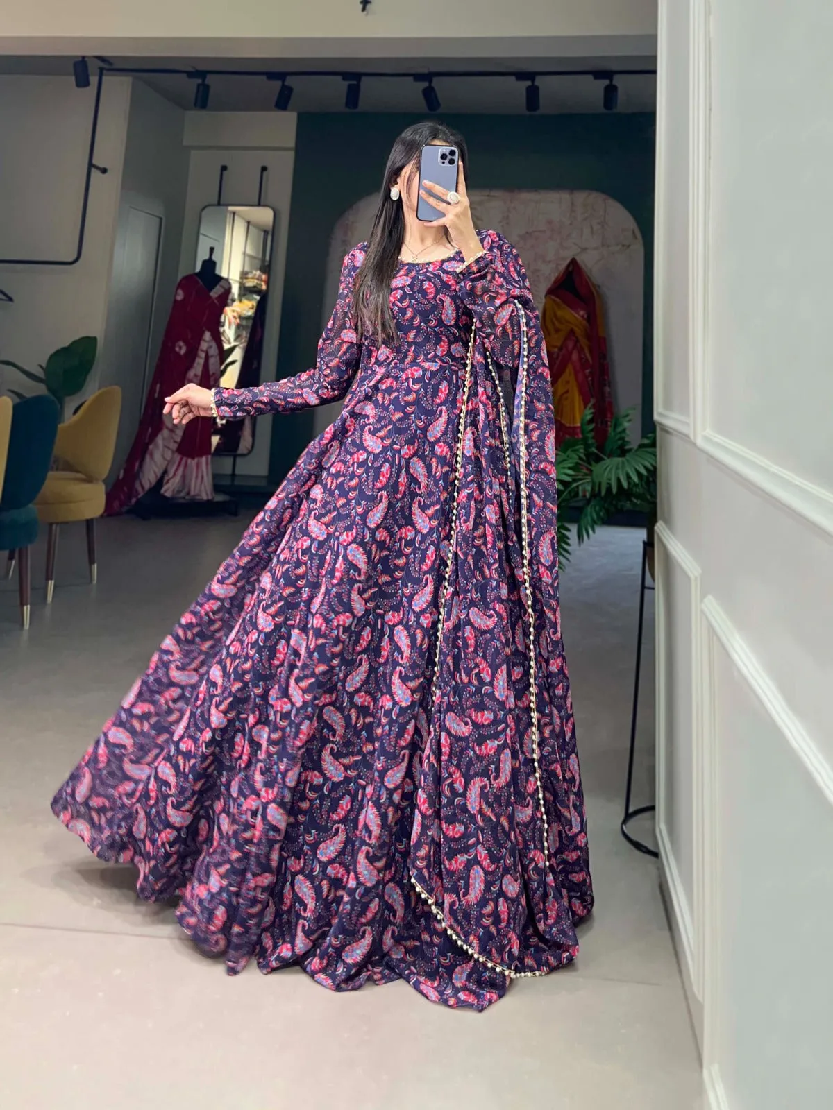 Navy Blue Ready-to-Wear Georgette Gown with Matching Dupatta