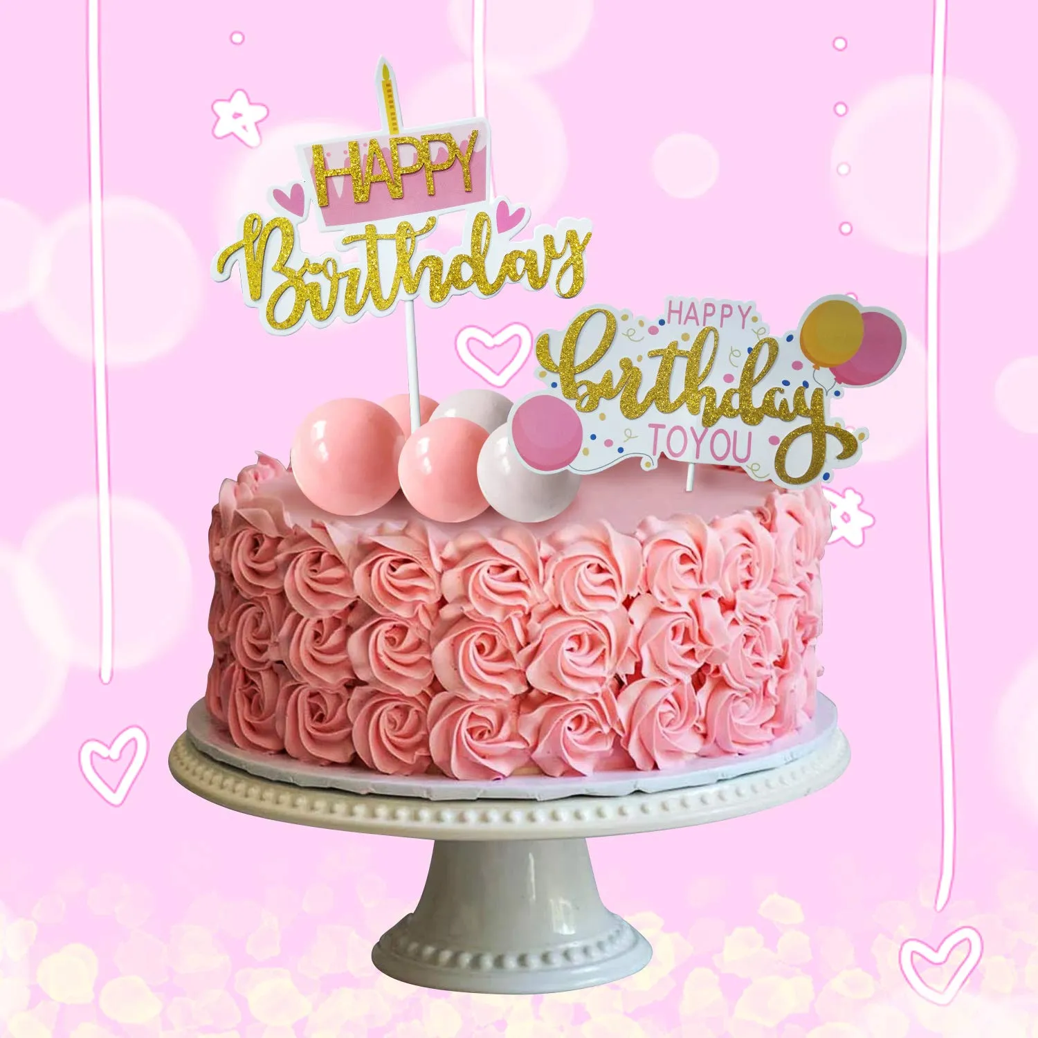 Party Propz Happy Birthday to You Glitter Cake Topper Girls 1st Birthday Decoration Kids Birthday Supplies - Set of 7