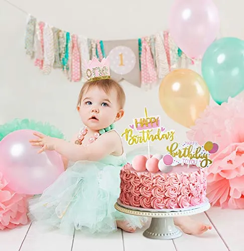Party Propz Happy Birthday to You Glitter Cake Topper Girls 1st Birthday Decoration Kids Birthday Supplies - Set of 7