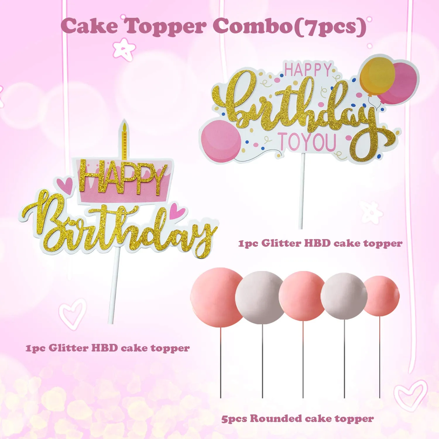 Party Propz Happy Birthday to You Glitter Cake Topper Girls 1st Birthday Decoration Kids Birthday Supplies - Set of 7