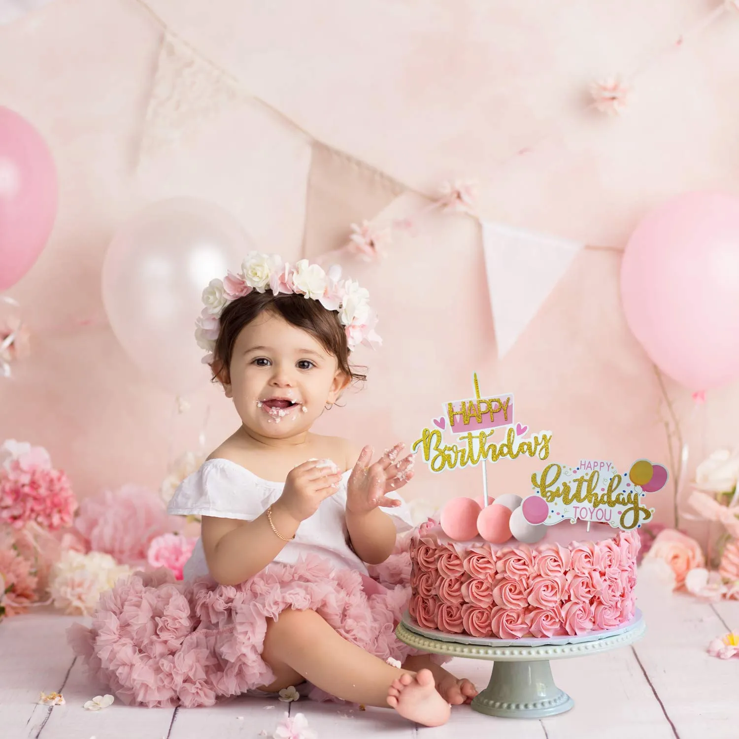 Party Propz Happy Birthday to You Glitter Cake Topper Girls 1st Birthday Decoration Kids Birthday Supplies - Set of 7