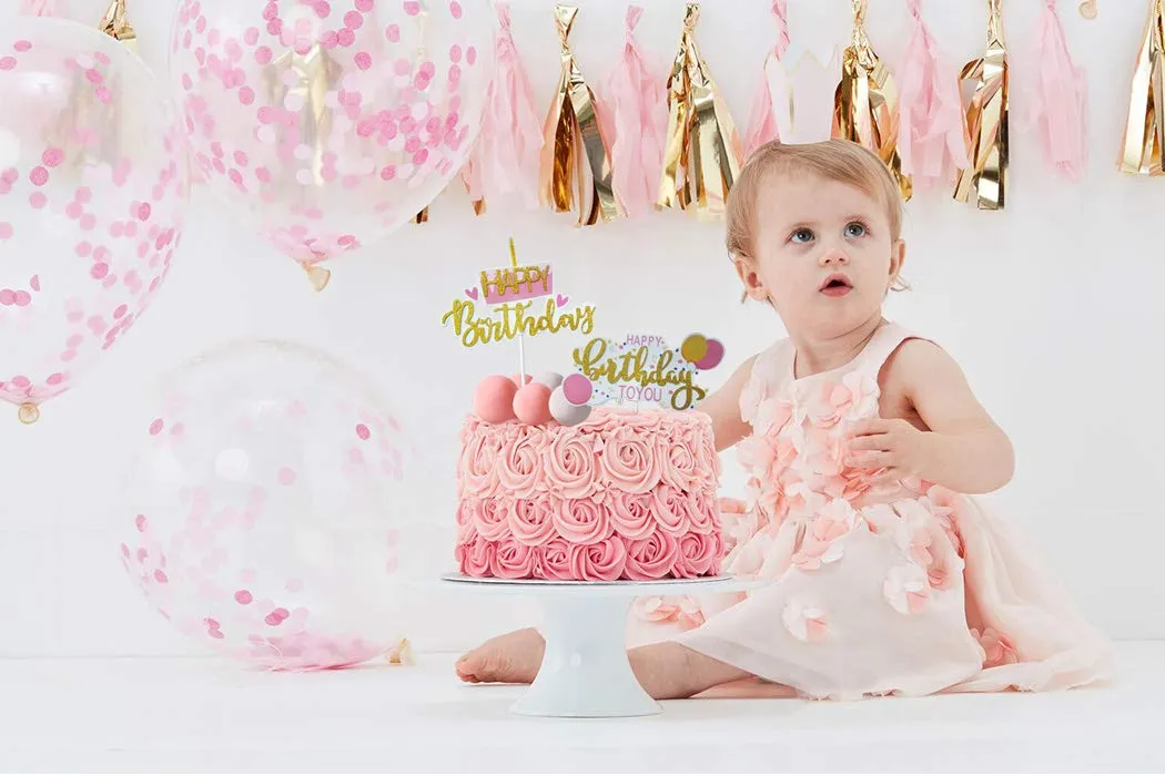 Party Propz Happy Birthday to You Glitter Cake Topper Girls 1st Birthday Decoration Kids Birthday Supplies - Set of 7