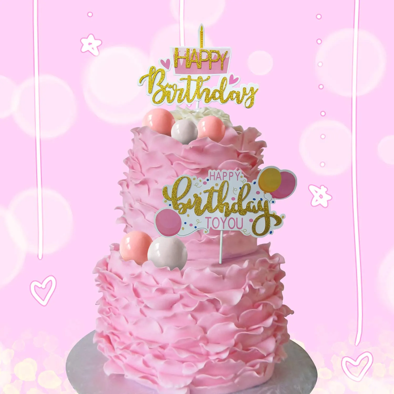 Party Propz Happy Birthday to You Glitter Cake Topper Girls 1st Birthday Decoration Kids Birthday Supplies - Set of 7