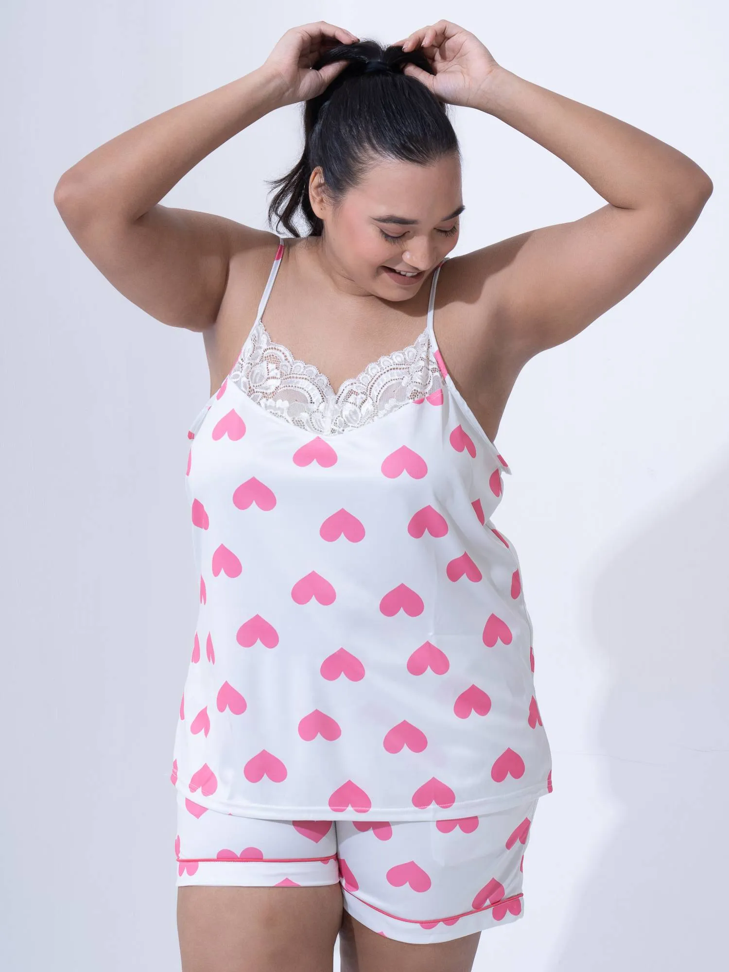 Plus Size Women Lace Satin Shorts Set
