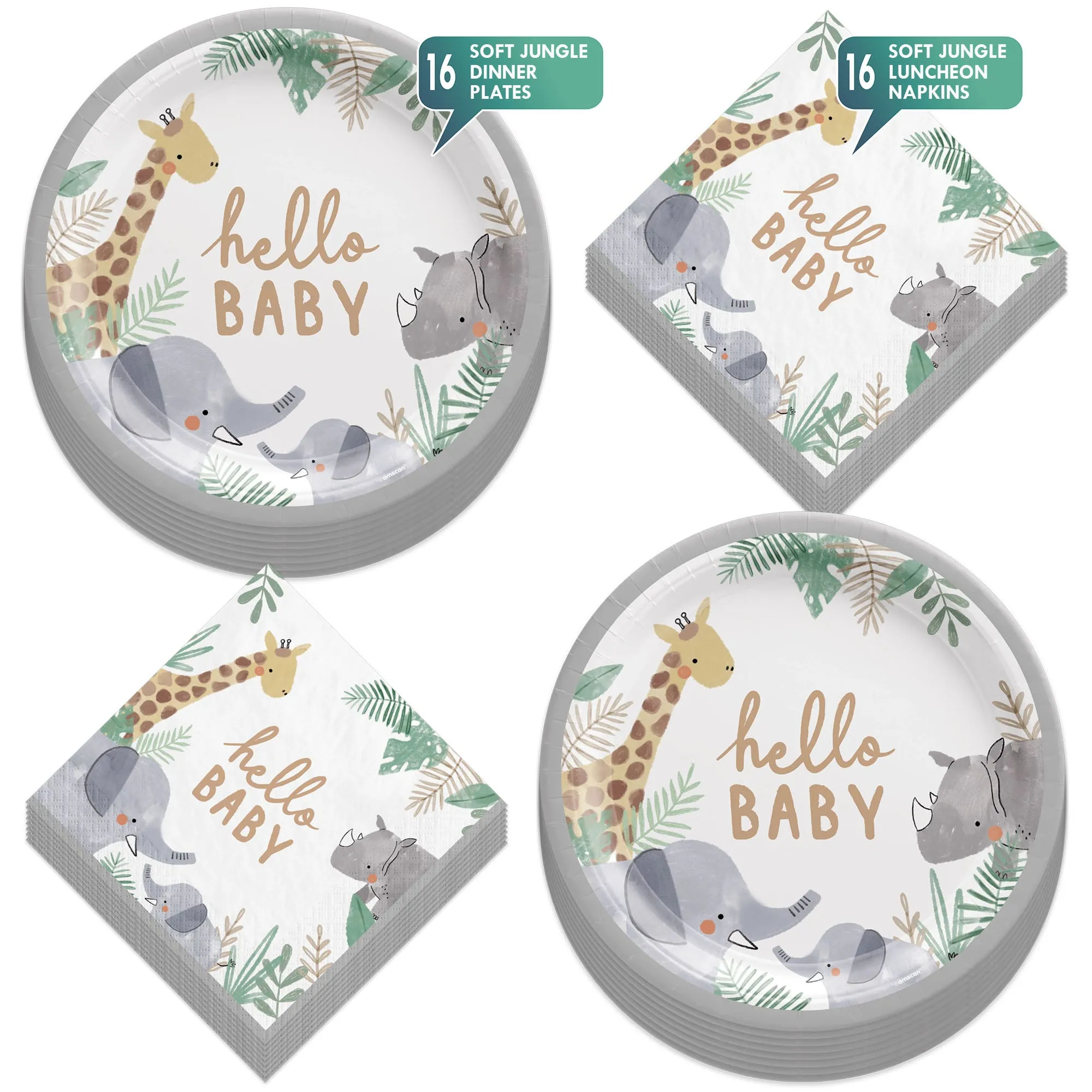 Soft Jungle Animal Baby Shower Paper Dinner Plates and Lunch Napkins (16 Plates & Napkins)