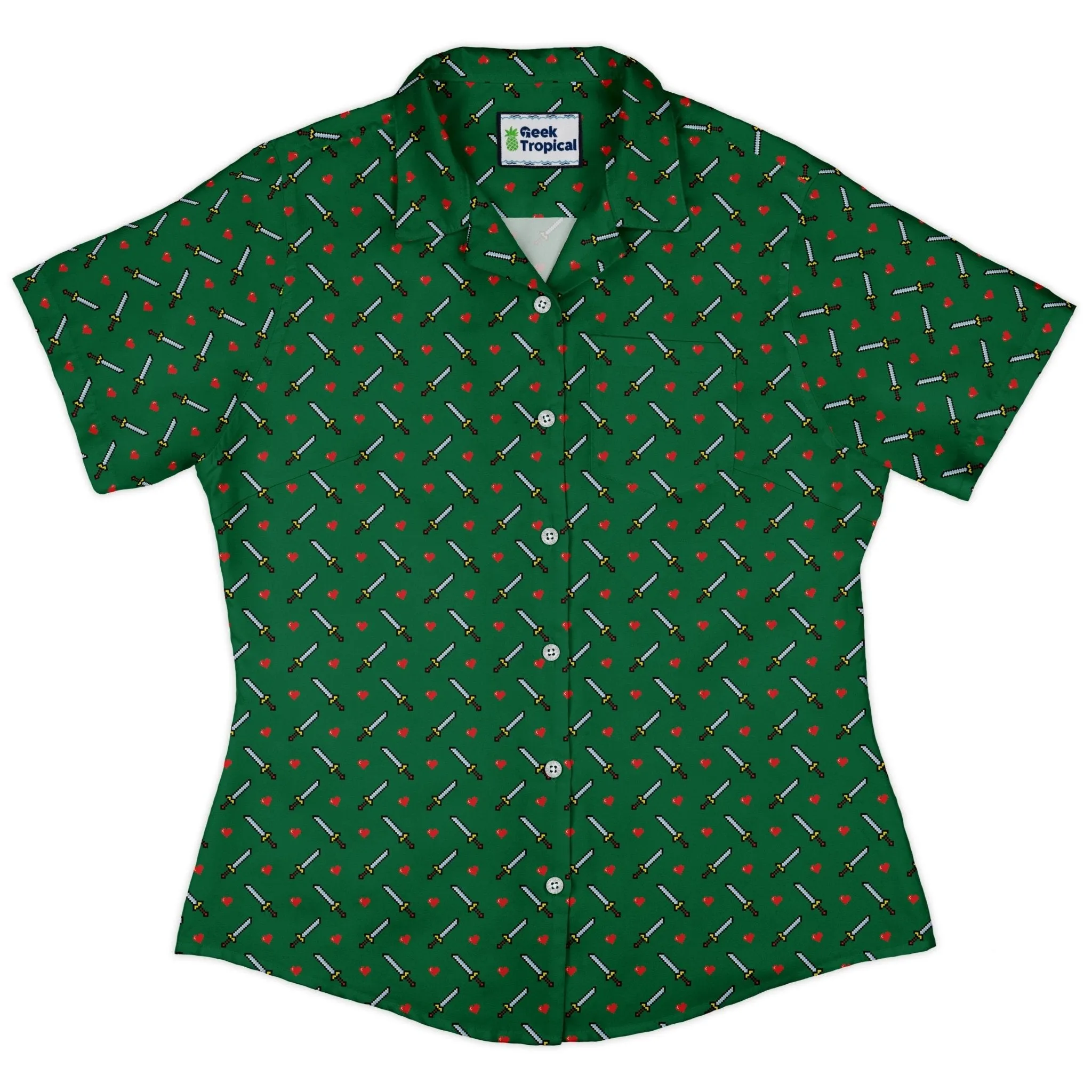 Sword and hearts video game green Curvy Button Up Shirt