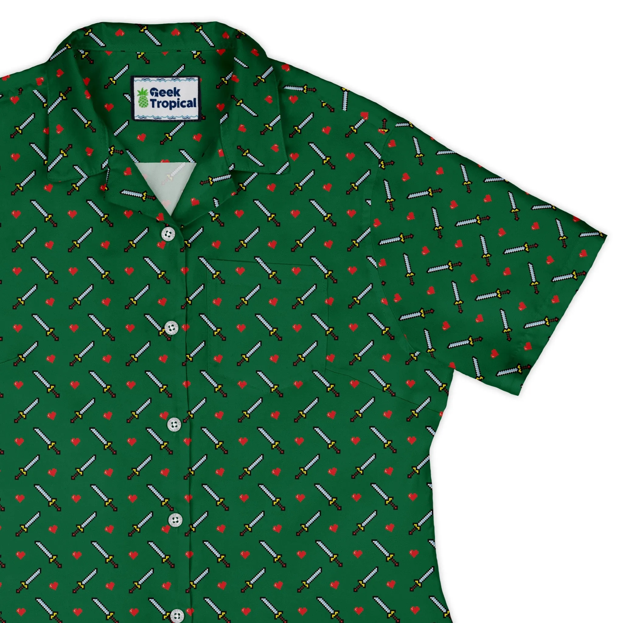 Sword and hearts video game green Curvy Button Up Shirt