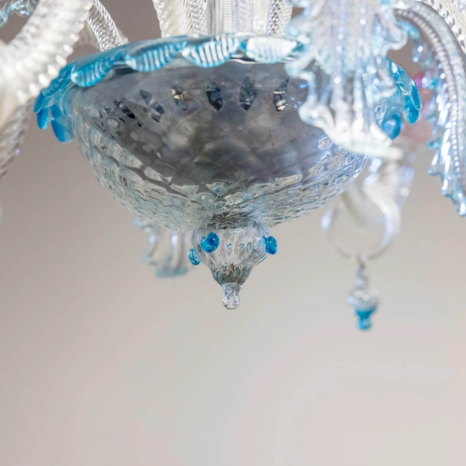 Vintage 20th Century Four-Light Pink and Blue Murano Glass Chandelier