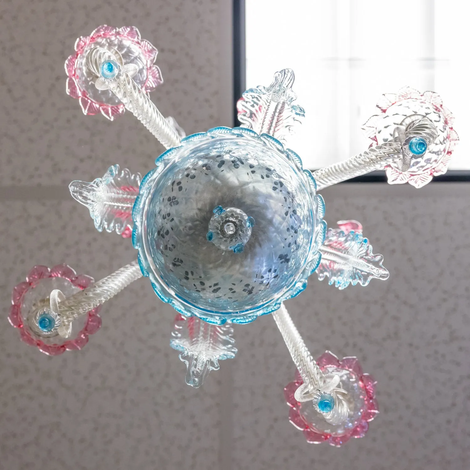 Vintage 20th Century Four-Light Pink and Blue Murano Glass Chandelier
