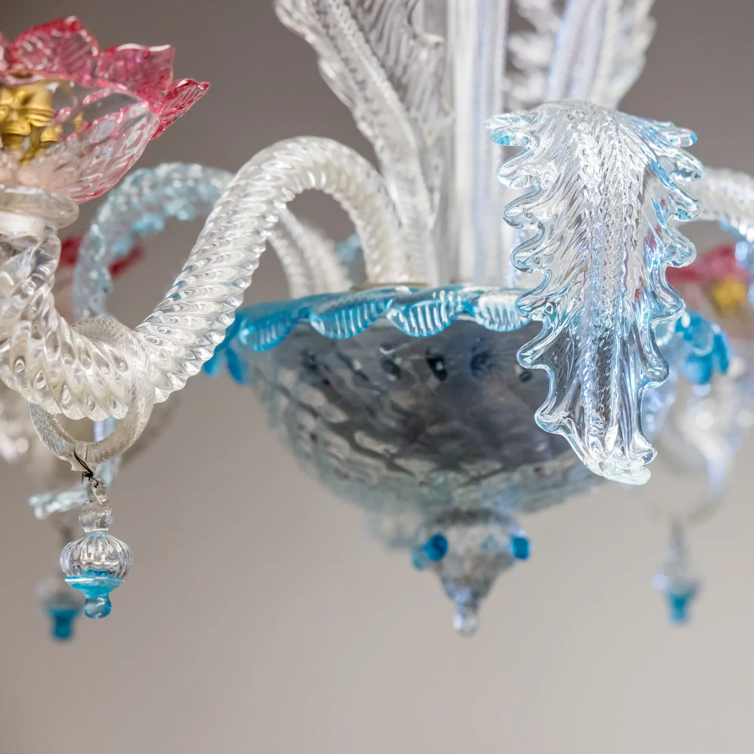 Vintage 20th Century Four-Light Pink and Blue Murano Glass Chandelier