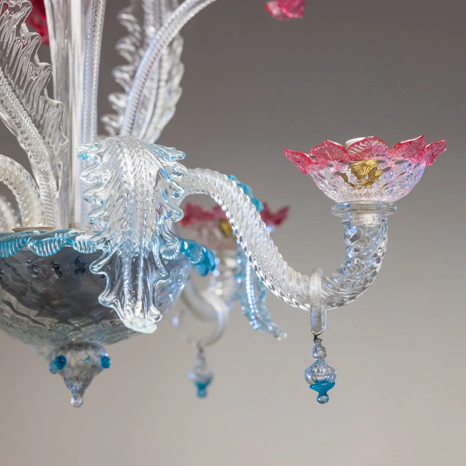 Vintage 20th Century Four-Light Pink and Blue Murano Glass Chandelier