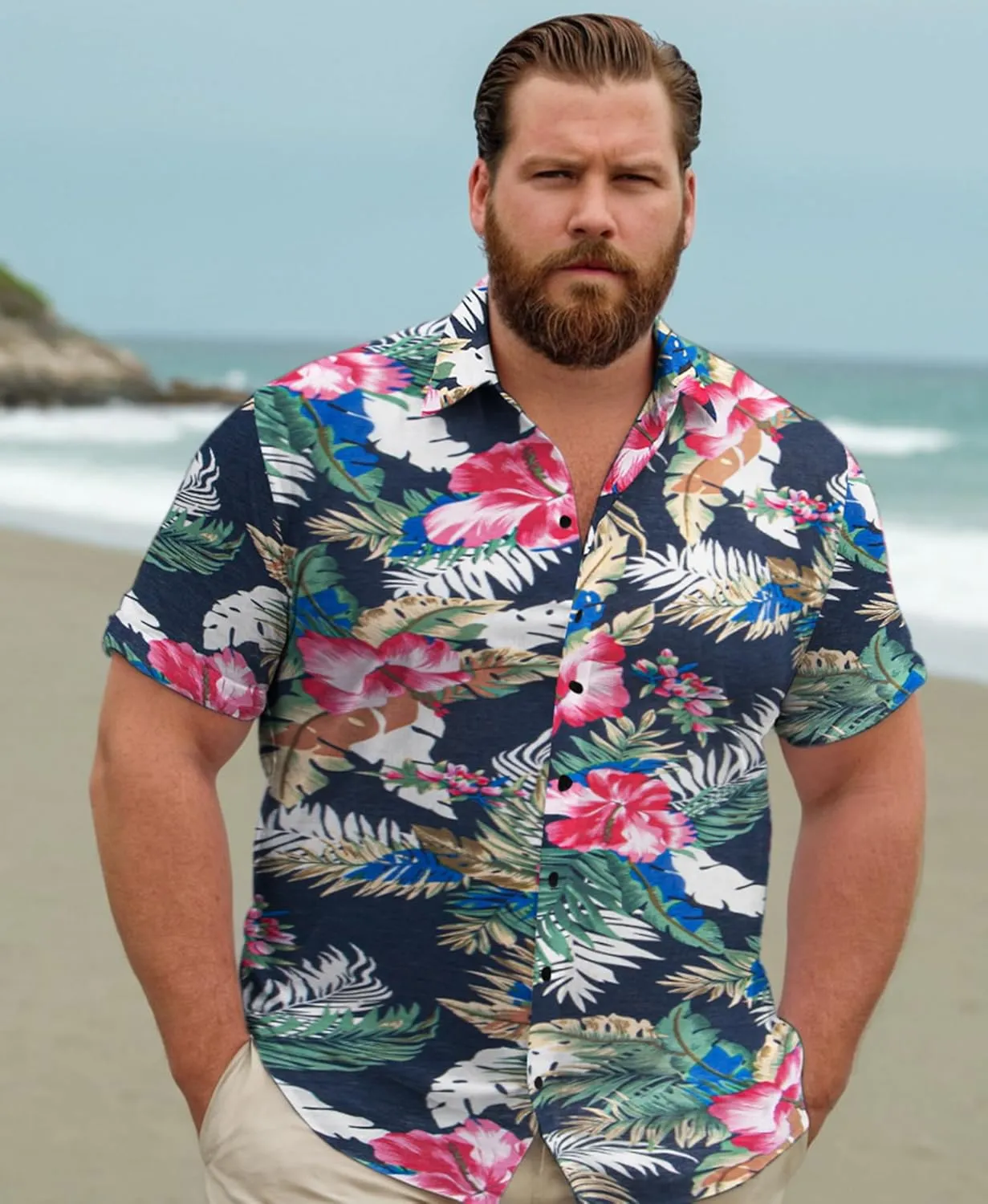 Weecreeture Big and Tall Men's Hawaiian Shirt - Short Sleeve, Tropical Floral Button Down Casual Summer Beach Shirt