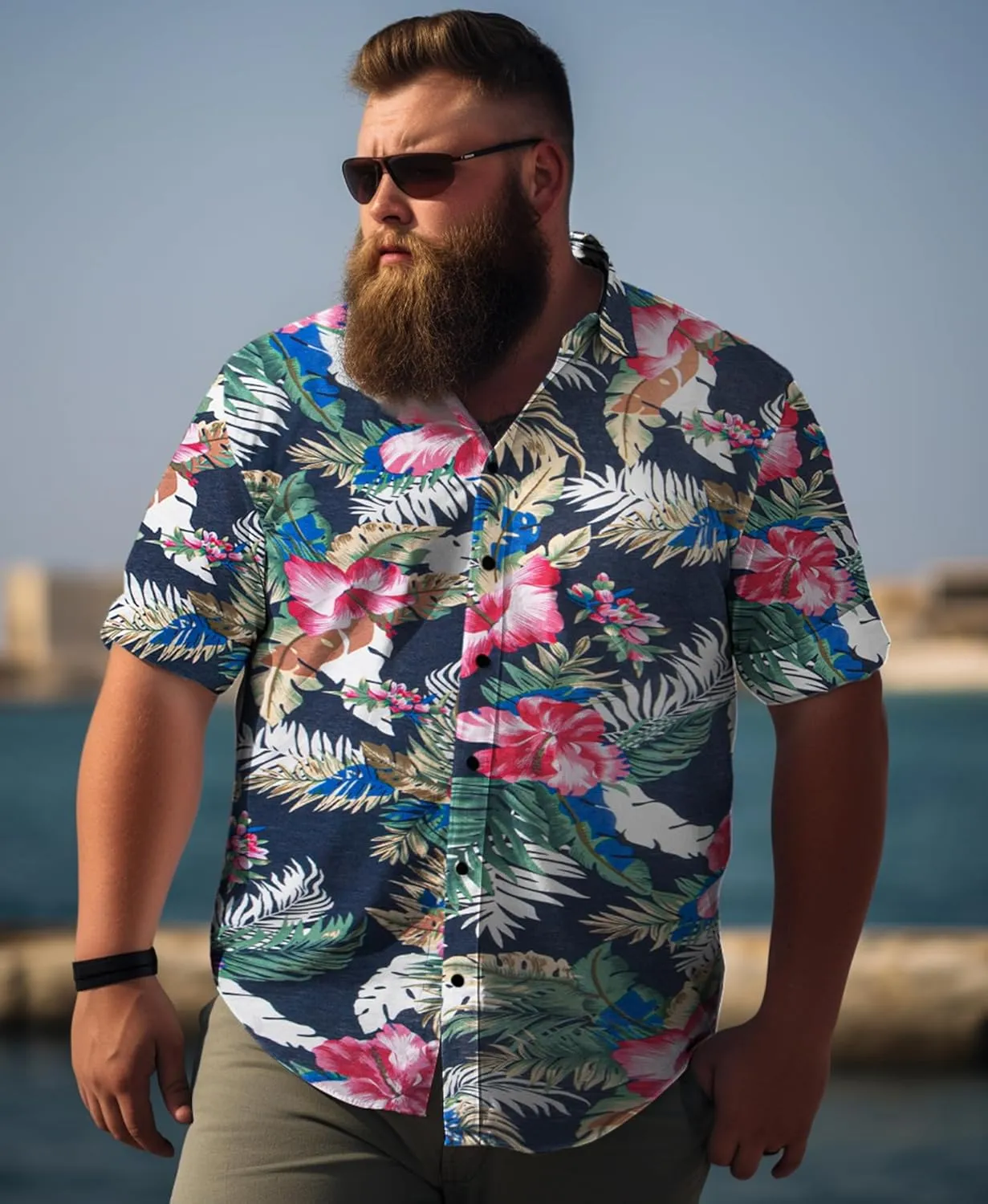 Weecreeture Big and Tall Men's Hawaiian Shirt - Short Sleeve, Tropical Floral Button Down Casual Summer Beach Shirt