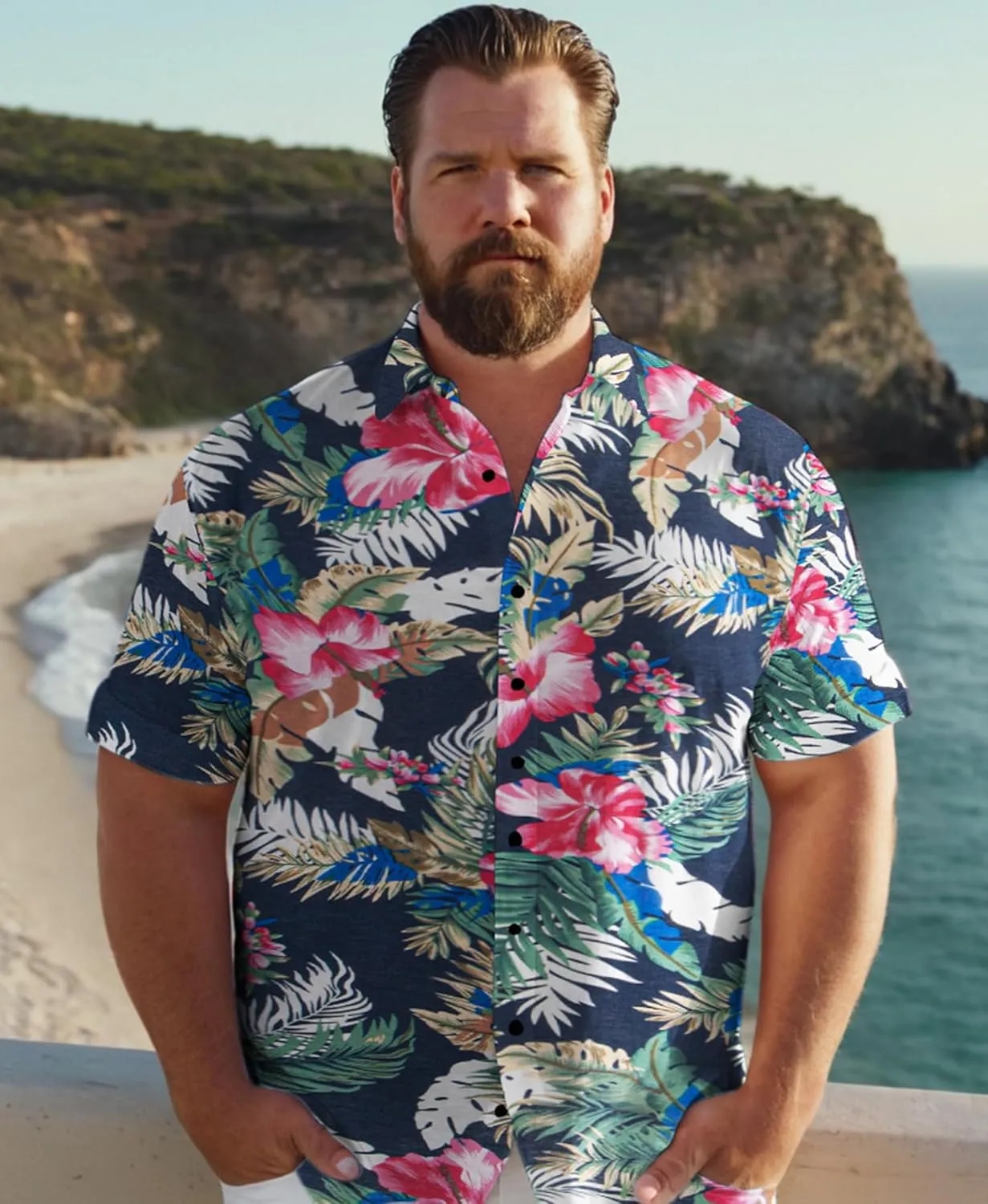 Weecreeture Big and Tall Men's Hawaiian Shirt - Short Sleeve, Tropical Floral Button Down Casual Summer Beach Shirt