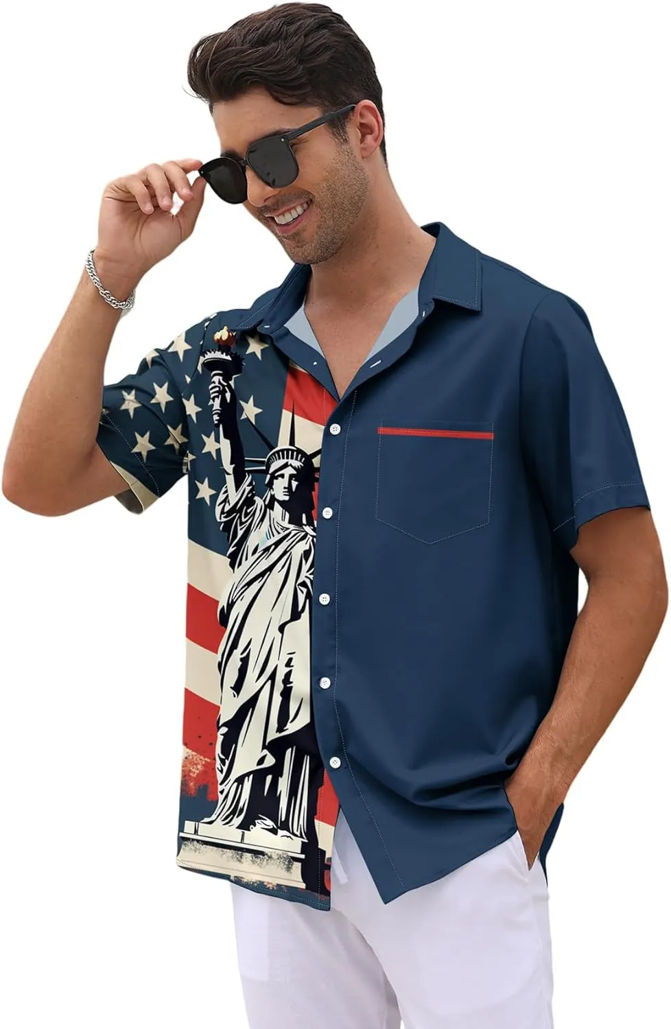 WHO IN SHOP Men's 4th of July American Flag Patriotic Shirts Short Sleeve Button Up USA Memorial Day Shirts