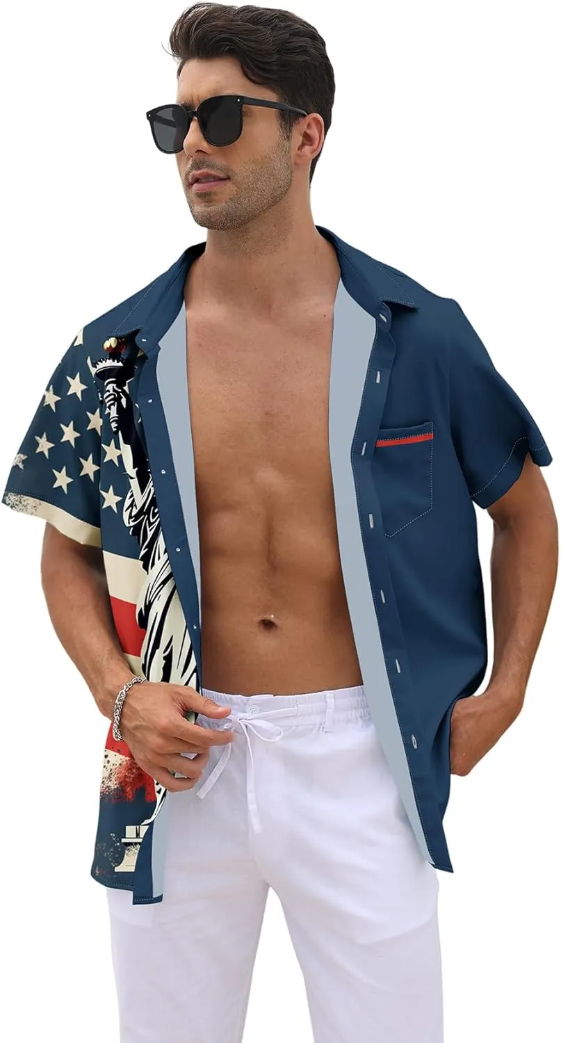 WHO IN SHOP Men's 4th of July American Flag Patriotic Shirts Short Sleeve Button Up USA Memorial Day Shirts