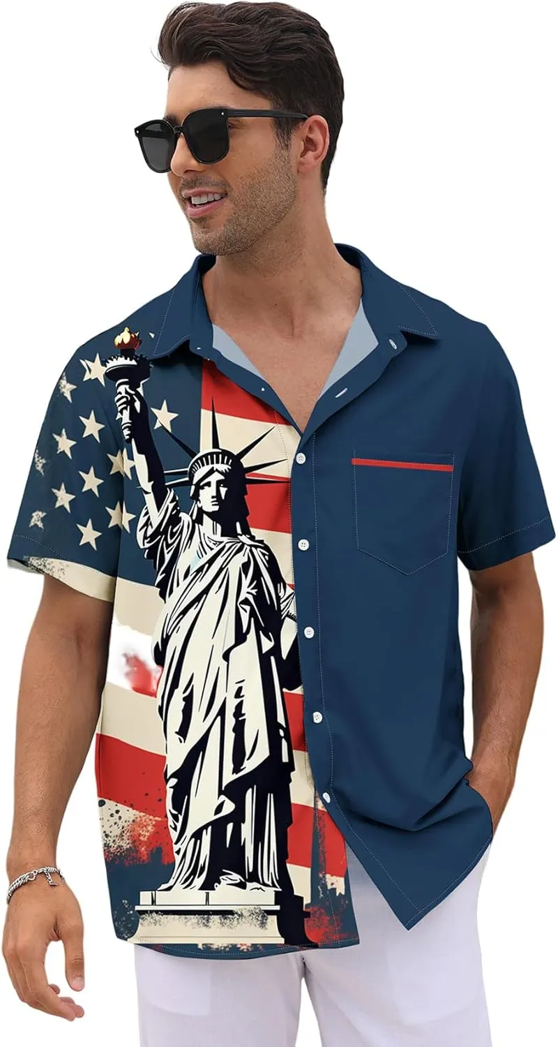 WHO IN SHOP Men's 4th of July American Flag Patriotic Shirts Short Sleeve Button Up USA Memorial Day Shirts