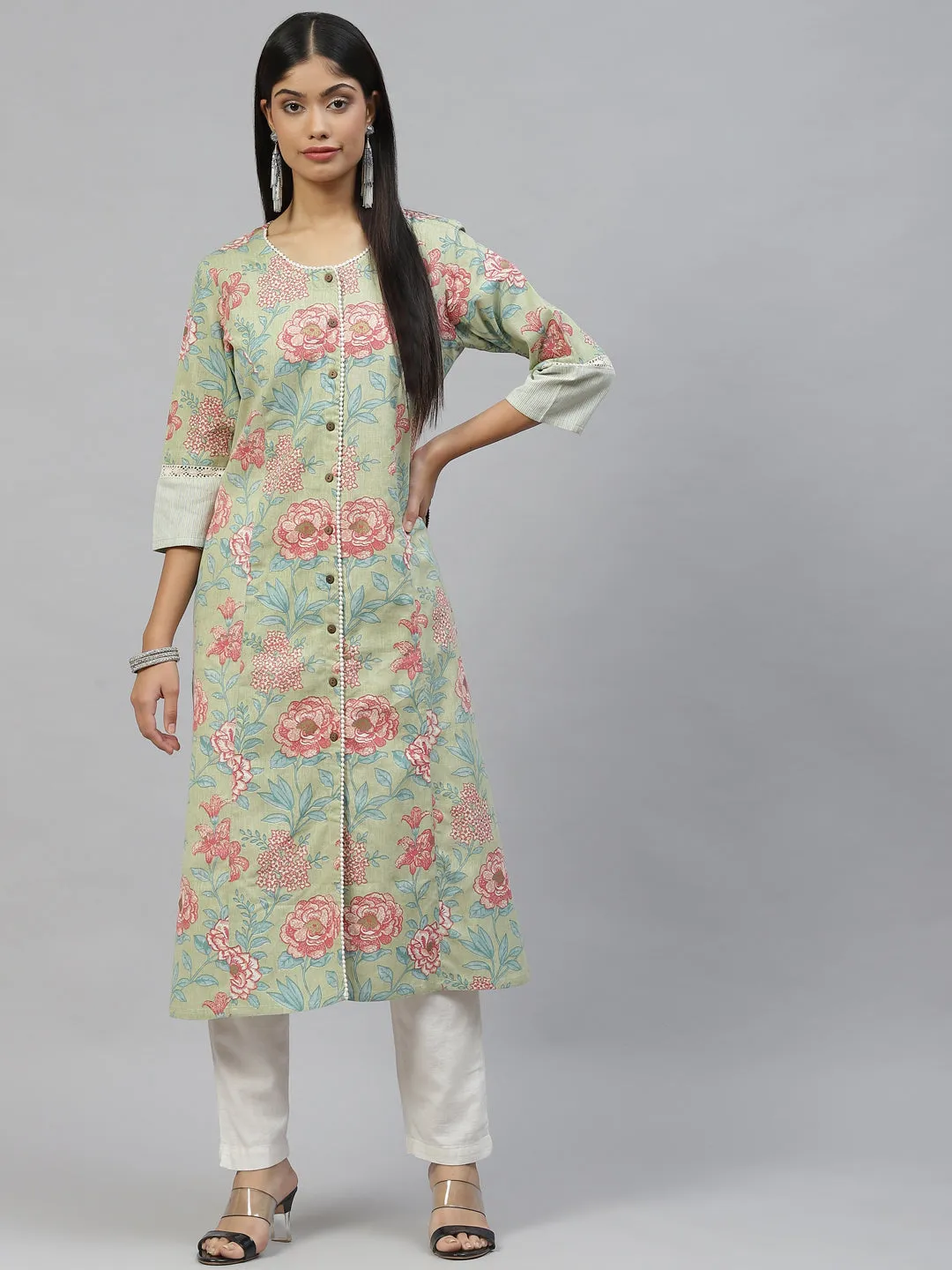 Women Olive Floral Cotton Flex A-Line Kurta