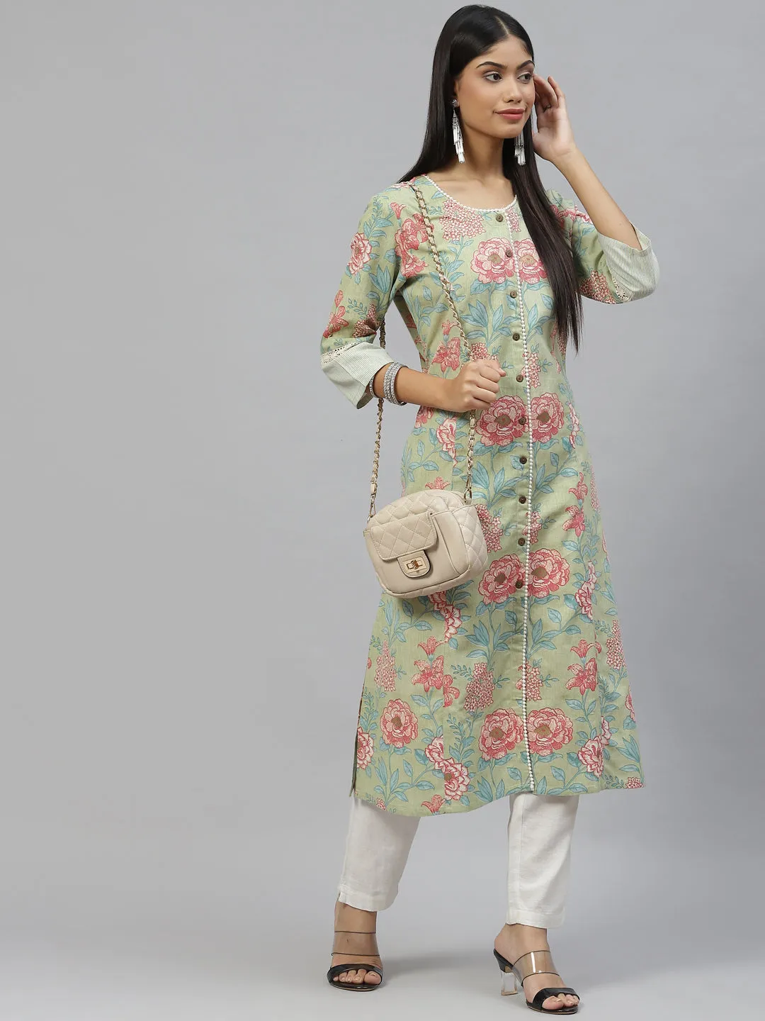 Women Olive Floral Cotton Flex A-Line Kurta