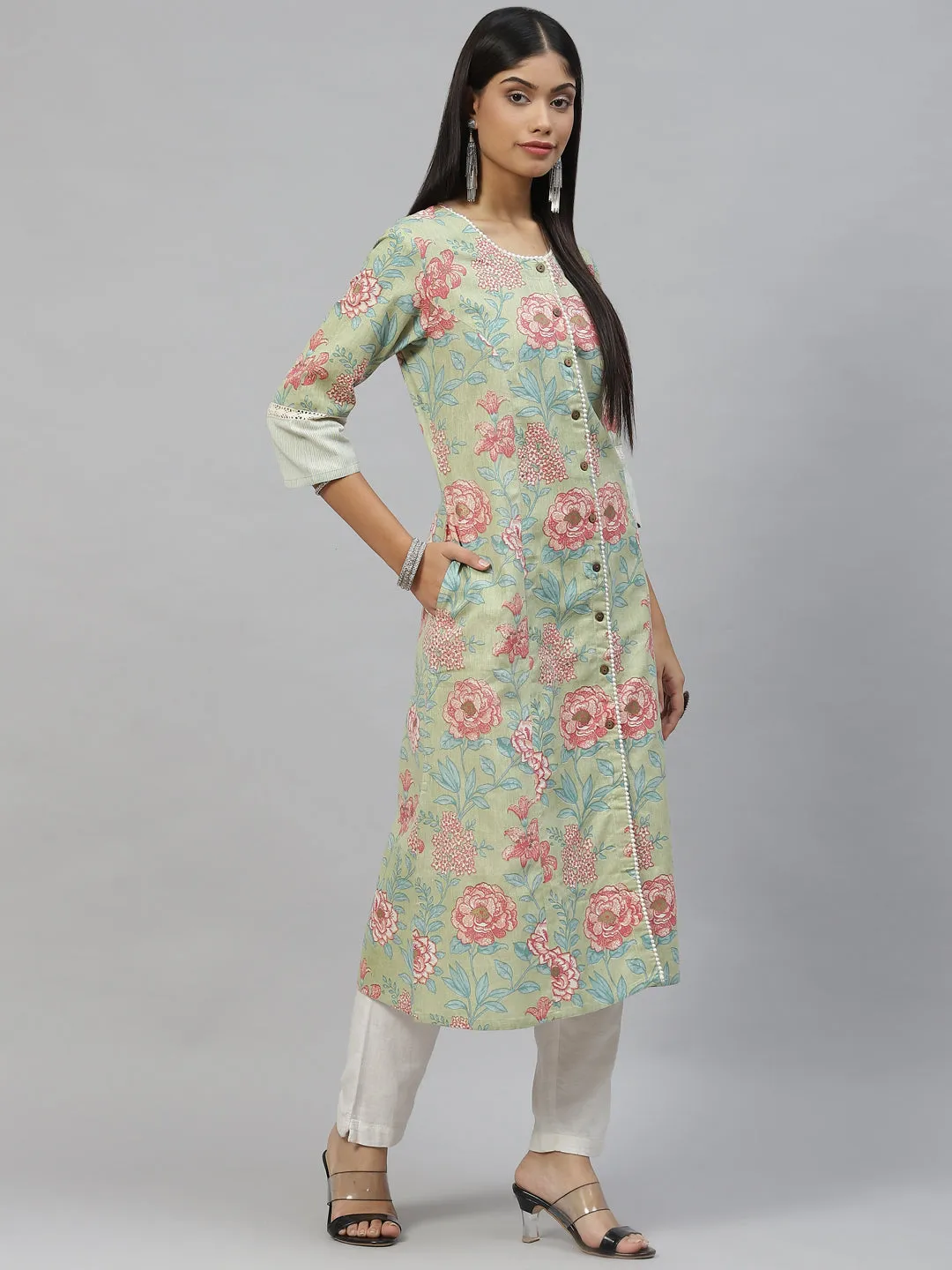 Women Olive Floral Cotton Flex A-Line Kurta