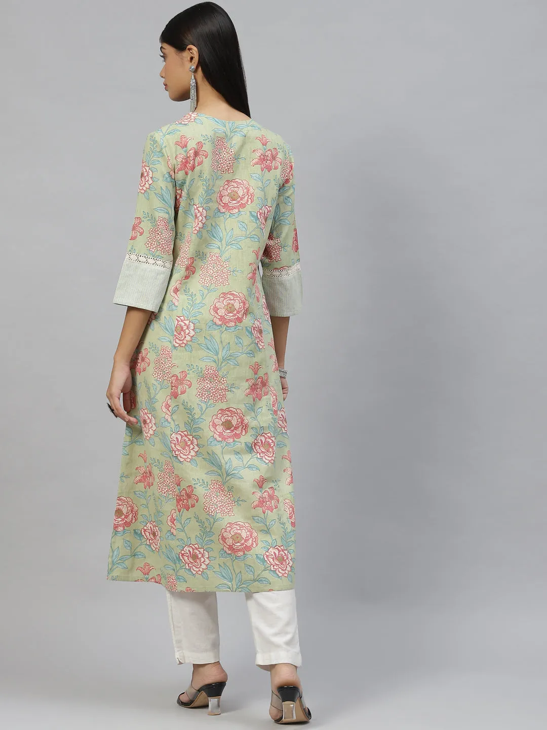 Women Olive Floral Cotton Flex A-Line Kurta
